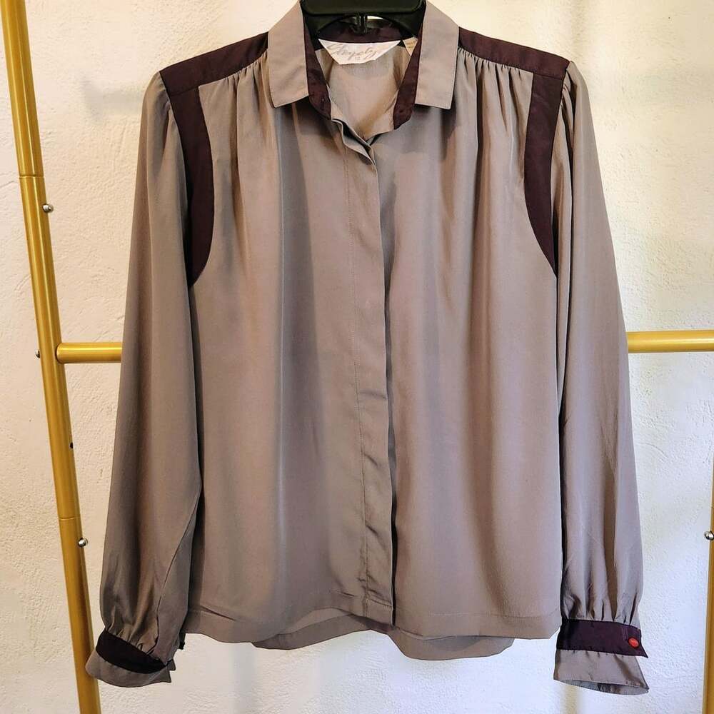 Chapely Vintage Two Tone Blouse Size 12 Brown Long Sleeve